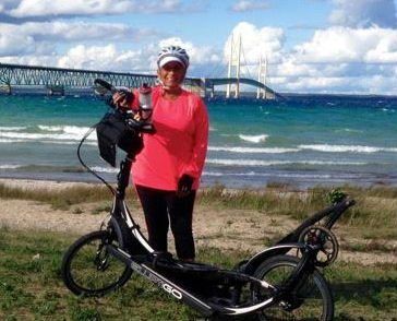 Jeanne Wilson with ElliptiGO bike at start of California Coast Classic